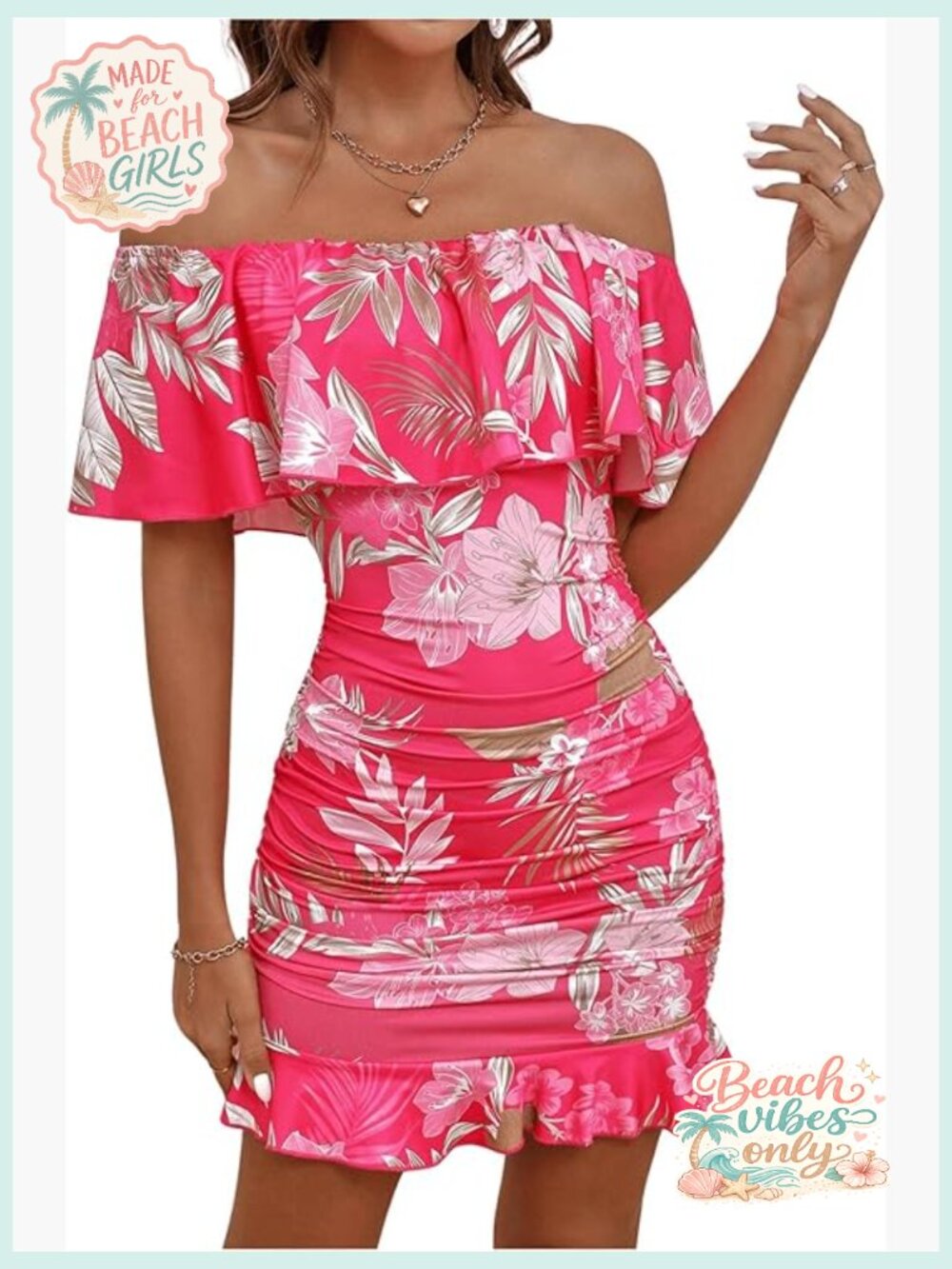 Off Shoulder Ruffle Trim Tropical Bodycon Dress - Size S